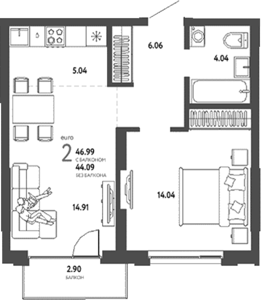 Планировка 2е-к.кв 44.09 м² в ЖК «Страна. Береговая»