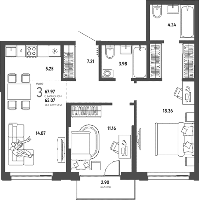 Планировка 3е-к.кв 65.07 м² в ЖК «Страна. Береговая»