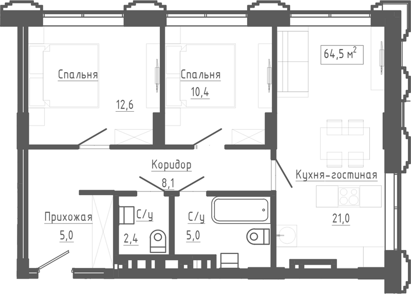 Планировка 3е-к.кв 64.50 м² в ЖК «Клубный комплекс Маяковский»