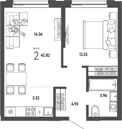 Планировка 2е-к.кв 42.82 м² в ЖК «Страна. Береговая»