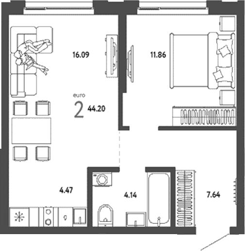 Планировка 2е-к.кв 44.20 м² в ЖК «Страна. Береговая»