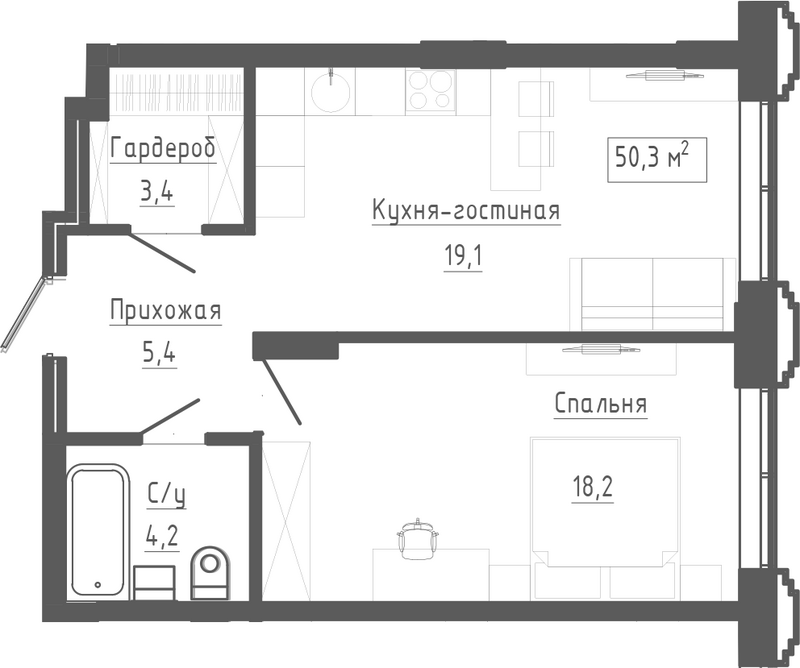 Планировка 2е-к. квартира 50.30 м² в ЖК «Клубный комплекс Маяковский»