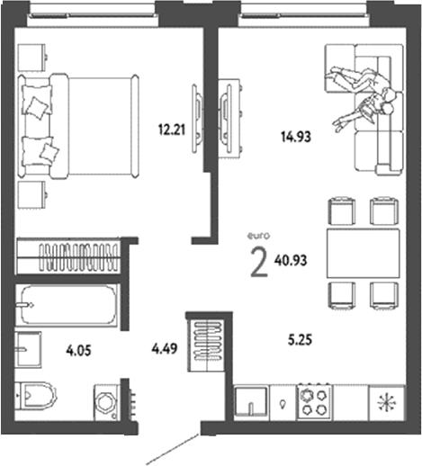 Планировка 2е-к.кв 40.93 м² в ЖК «Страна. Береговая»