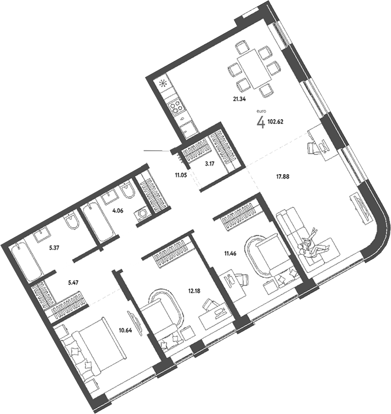 Планировка 4е-к.кв 102.62 м² в ЖК «Страна. Береговая»