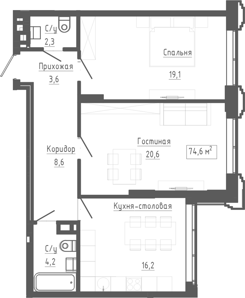Планировка 3е-к. квартира 74.60 м² в ЖК «Клубный комплекс Маяковский»