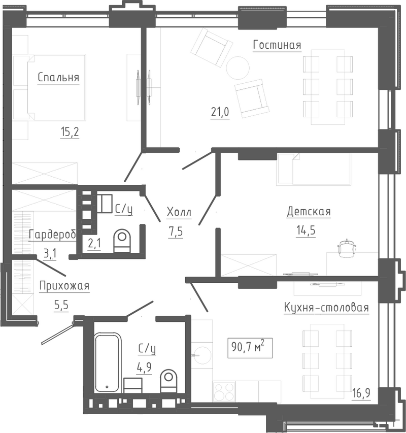Планировка 4е-к. квартира 90.70 м² в ЖК «Клубный комплекс Маяковский»
