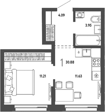 Планировка 1-к.кв 30.88 м² в ЖК «Страна. Береговая»