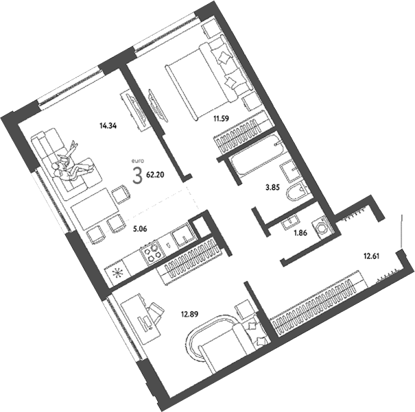 Планировка 3е-к.кв 62.20 м² в ЖК «Страна. Береговая»