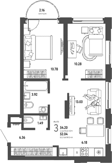 Планировка 3е-к.кв 52.04 м² в ЖК «Страна. Береговая»
