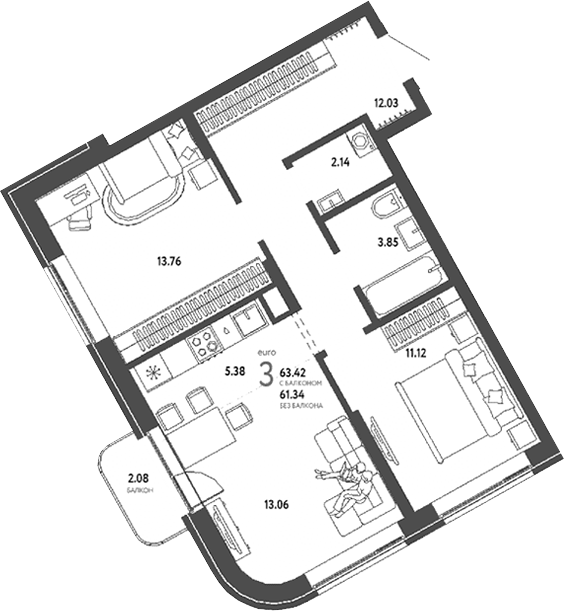 Планировка 3е-к.кв 61.34 м² в ЖК «Страна. Береговая»