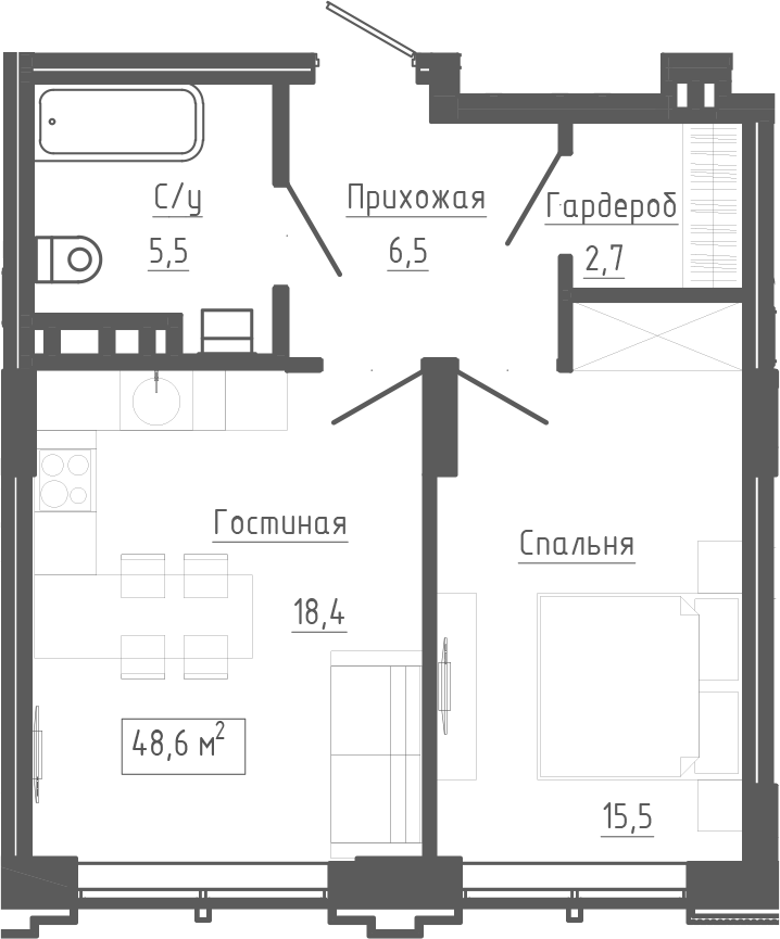 Планировка 2е-к.кв 48.60 м² в ЖК «Клубный комплекс Маяковский»