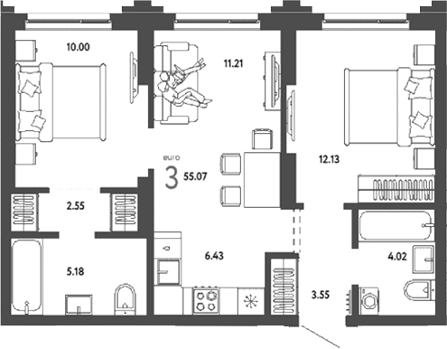 Планировка 3е-к.кв 55.07 м² в ЖК «Страна. Береговая»