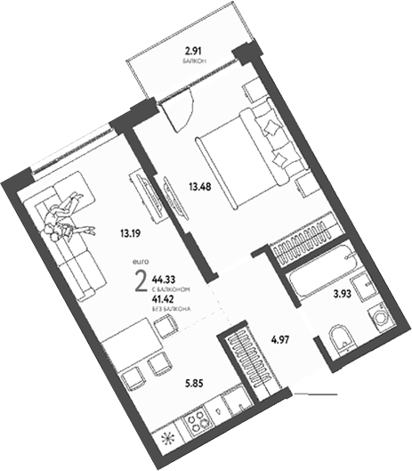 Планировка 2е-к.кв 41.42 м² в ЖК «Страна. Береговая»