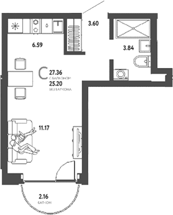 Планировка студии 25.20 м² в ЖК «Страна. Береговая»