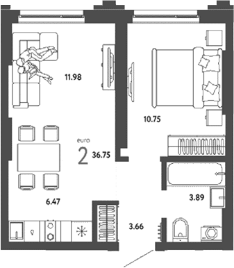 Планировка 2е-к.кв 36.75 м² в ЖК «Страна. Береговая»