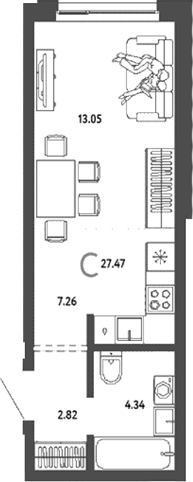 Планировка студии 27.47 м² в ЖК «Страна. Береговая»