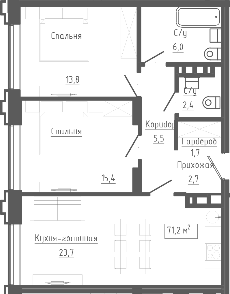 Планировка 3е-к. квартира 71.20 м² в ЖК «Клубный комплекс Маяковский»