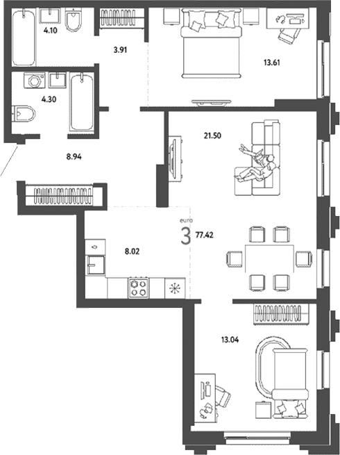 Планировка 3е-к.кв 77.42 м² в ЖК «Страна. Береговая»