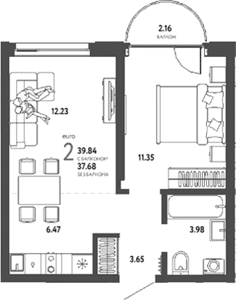 Планировка 2е-к.кв 37.68 м² в ЖК «Страна. Береговая»