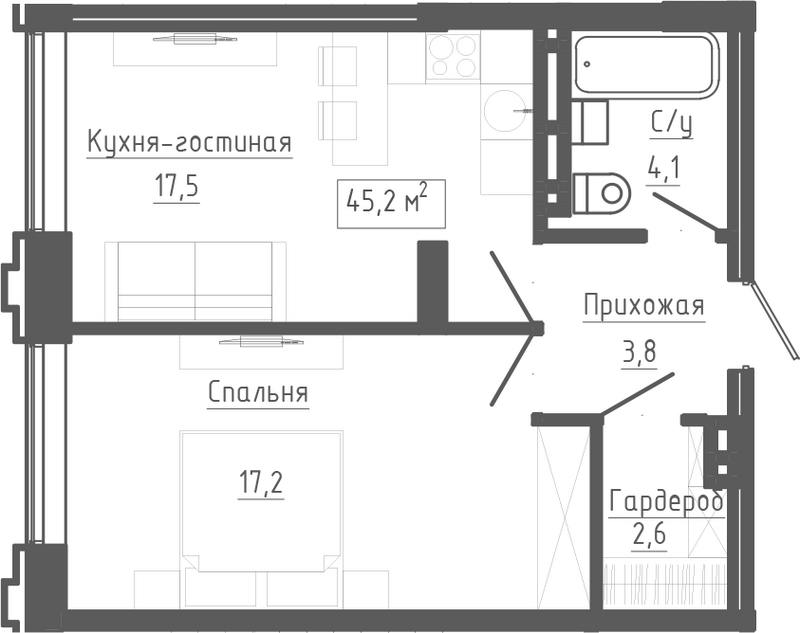 Планировка 2е-к.кв 45.20 м² в ЖК «Клубный комплекс Маяковский»