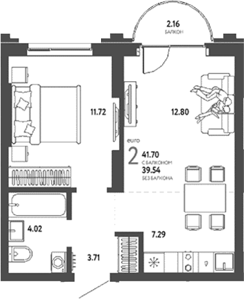 Планировка 2е-к.кв 39.54 м² в ЖК «Страна. Береговая»