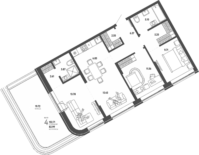 Планировка 4е-к.кв 82.99 м² в ЖК «Страна. Береговая»