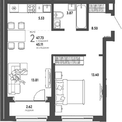 Планировка 2е-к.кв 45.11 м² в ЖК «Страна. Береговая»