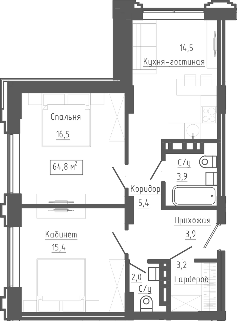 Планировка 3е-к.кв 64.80 м² в ЖК «Клубный комплекс Маяковский»