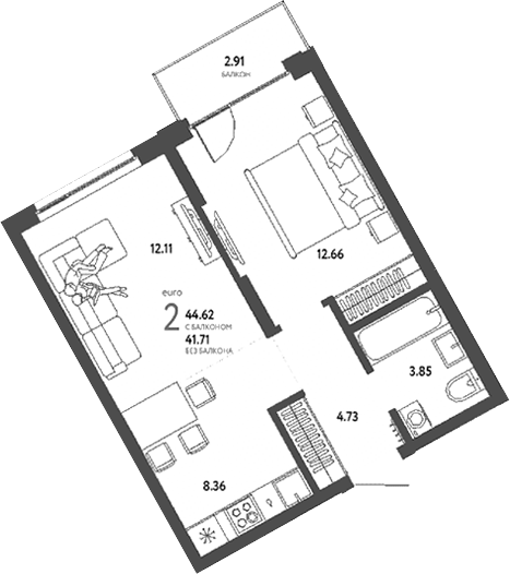 Планировка 2е-к.кв 41.71 м² в ЖК «Страна. Береговая»