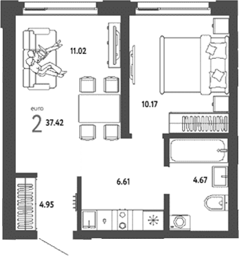 Планировка 2е-к.кв 37.42 м² в ЖК «Страна. Береговая»