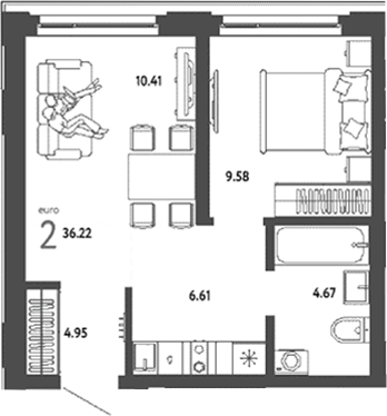 Планировка 2е-к.кв 36.22 м² в ЖК «Страна. Береговая»