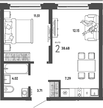 Планировка 2е-к.кв 38.68 м² в ЖК «Страна. Береговая»