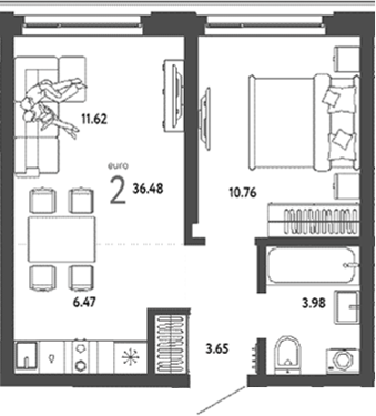 Планировка 2е-к.кв 36.48 м² в ЖК «Страна. Береговая»