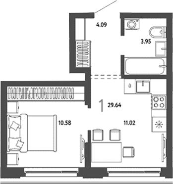 Планировка 1-к.кв 29.64 м² в ЖК «Страна. Береговая»