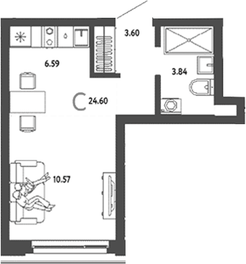 Планировка студии 24.60 м² в ЖК «Страна. Береговая»