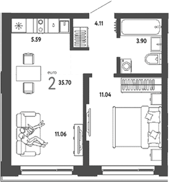 Планировка 2е-к.кв 35.70 м² в ЖК «Страна. Береговая»
