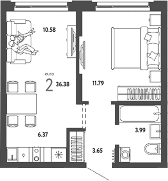 Планировка 2е-к.кв 36.38 м² в ЖК «Страна. Береговая»