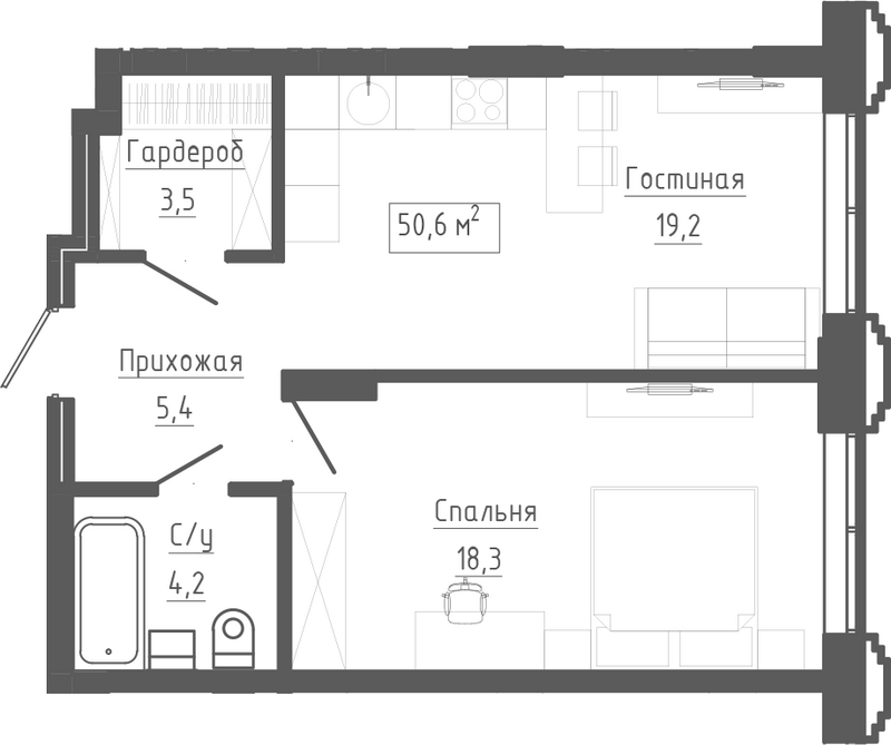 Планировка 2е-к. квартира 50.60 м² в ЖК «Клубный комплекс Маяковский»