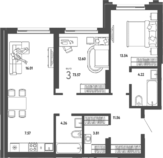 Планировка 3е-к.кв 73.57 м² в ЖК «Страна. Береговая»