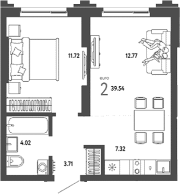 Планировка 2е-к.кв 39.54 м² в ЖК «Страна. Береговая»