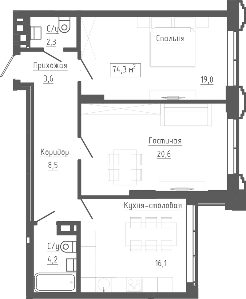 Планировка 3е-к. квартира 74.30 м² в ЖК «Клубный комплекс Маяковский»
