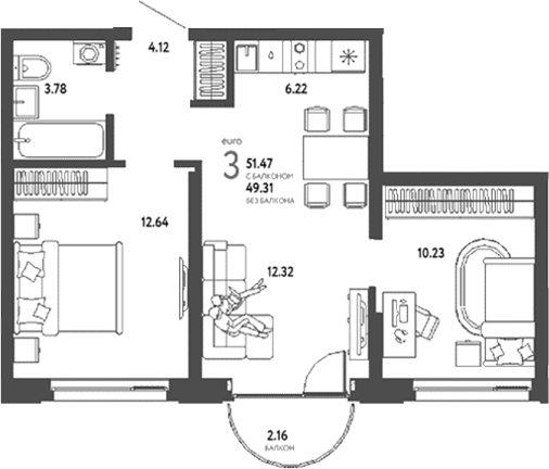 Планировка 3е-к.кв 49.31 м² в ЖК «Страна. Береговая»