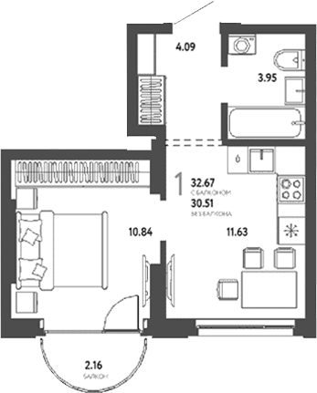 Планировка 1-к.кв 30.51 м² в ЖК «Страна. Береговая»