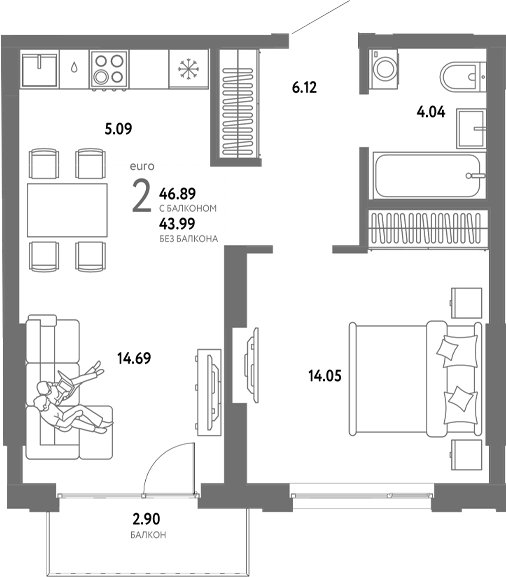 Планировка 2е-к.кв 43.99 м² в ЖК «Страна. Береговая»