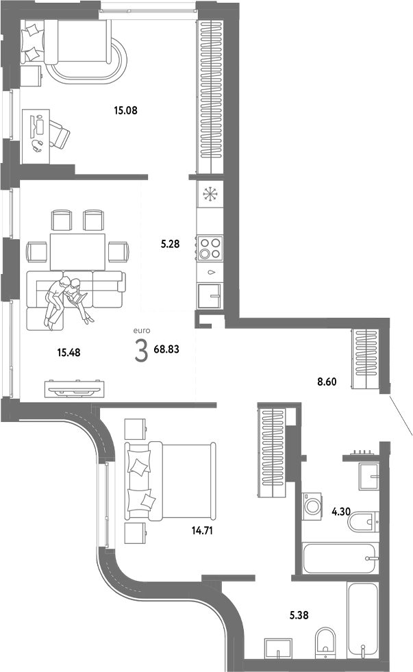 Планировка 3е-к.кв 68.83 м² в ЖК «Страна. Береговая»