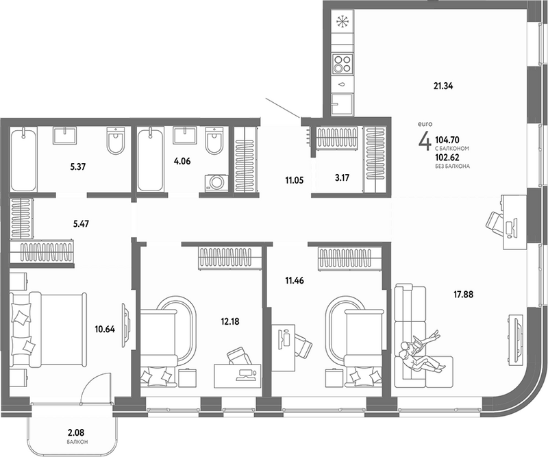 Планировка 4е-к.кв 102.62 м² в ЖК «Страна. Береговая»