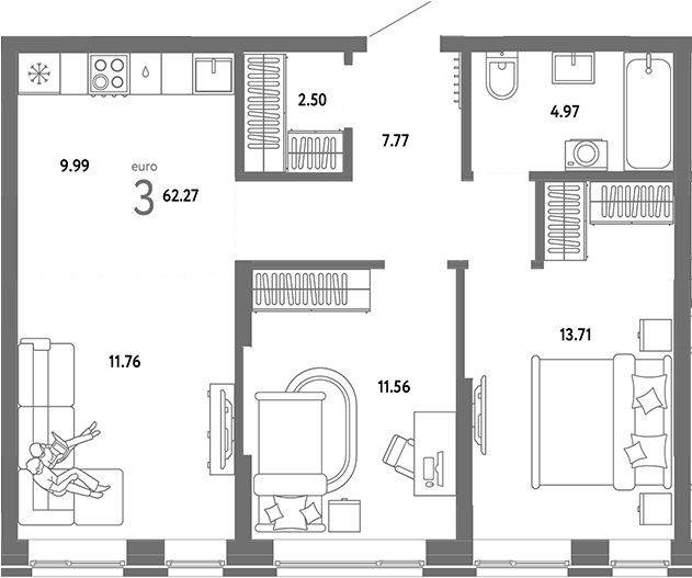 Планировка 3е-к.кв 62.27 м² в ЖК «Страна. Береговая»