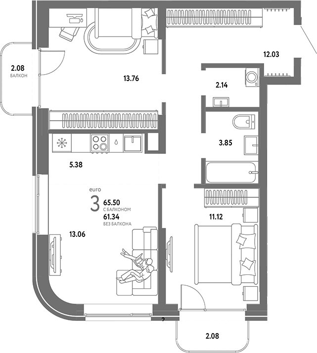 Планировка 3е-к.кв 61.34 м² в ЖК «Страна. Береговая»