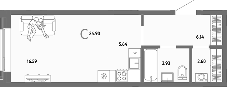 Планировка студии 34.90 м² в ЖК «Страна. Береговая»