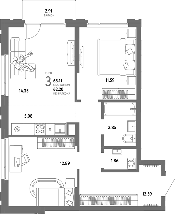 Планировка 3е-к.кв 62.20 м² в ЖК «Страна. Береговая»